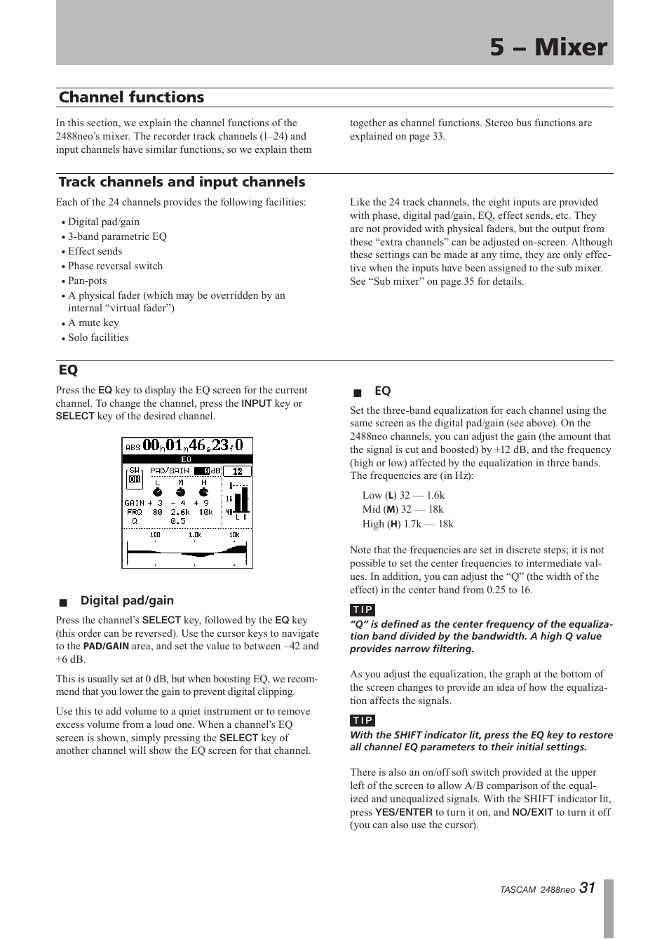 Channel functions, Track channels and input channels, Digital pad/gain | Track channels and input channels eq, Digital pad/gain eq, 5 − mixer | Tascam 2488neo User Manual | Page 31 / 124