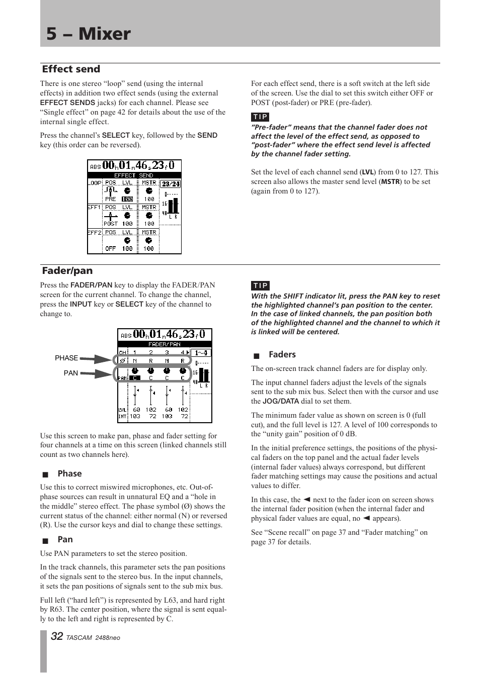 Effect send, Fader/pan, Phase | Faders, Effect send fader/pan, Phase pan faders, 5 − mixer | Tascam 2488neo User Manual | Page 32 / 124