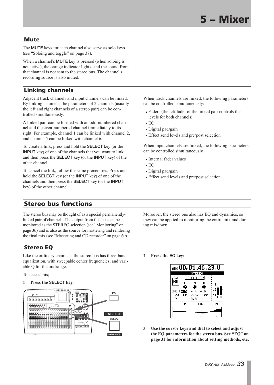 Mute, Linking channels, Stereo bus functions | Stereo eq, Mute linking channels, Linking chan, Linking, 5 − mixer | Tascam 2488neo User Manual | Page 33 / 124