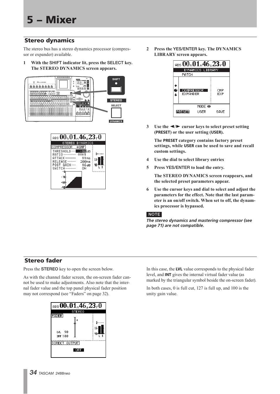 Stereo dynamics, Stereo fader, Stereo dynamics stereo fader | 5 − mixer | Tascam 2488neo User Manual | Page 34 / 124