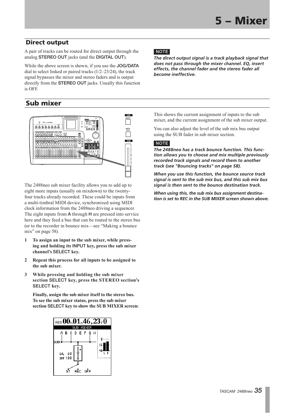 Direct output, Sub mixer, 5 − mixer | Tascam 2488neo User Manual | Page 35 / 124