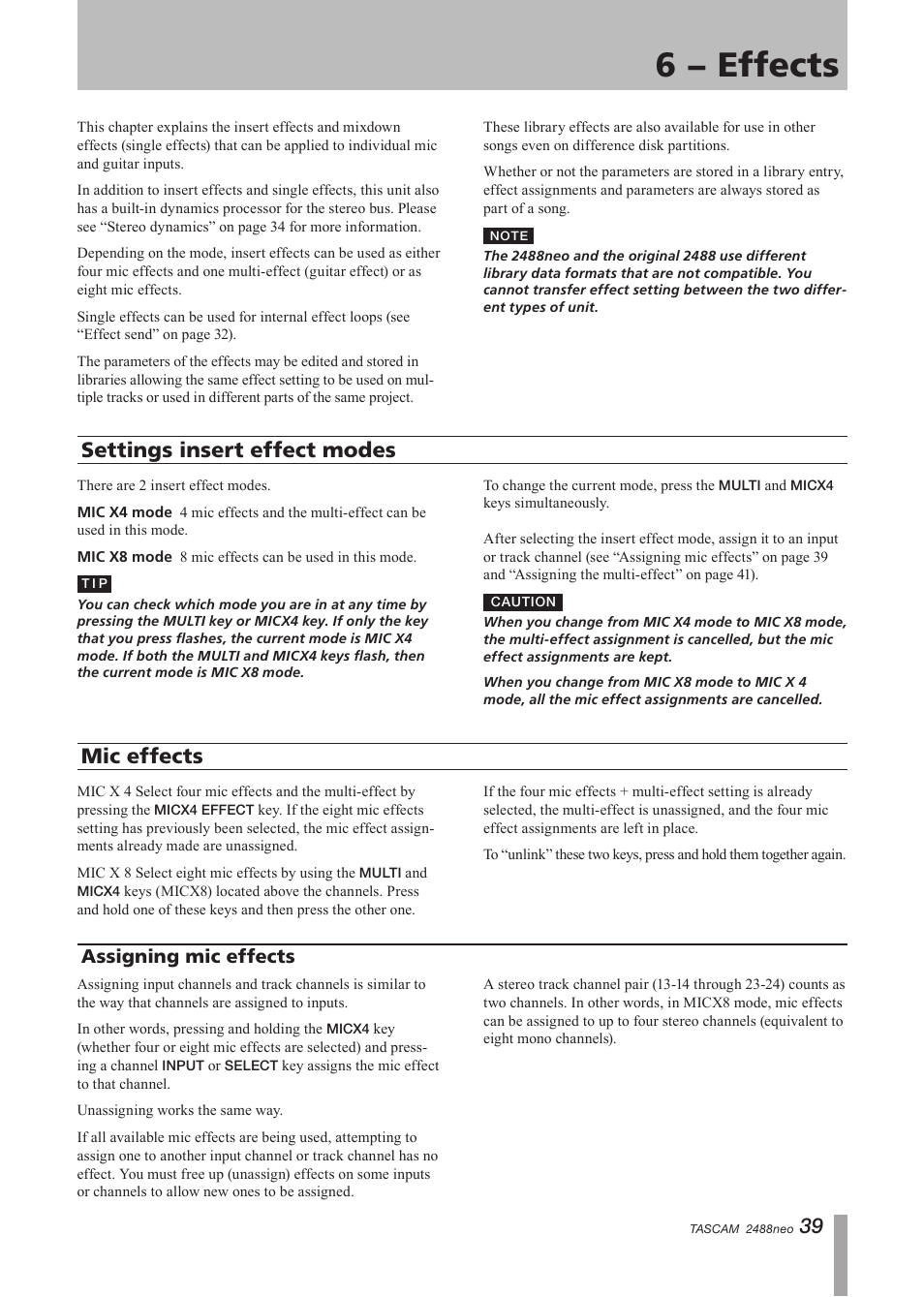 6 − effects, Settings insert effect modes, Mic effects | Assigning mic effects, Settings insert effect modes mic effects, Assigning mic, 6–effects” on | Tascam 2488neo User Manual | Page 39 / 124