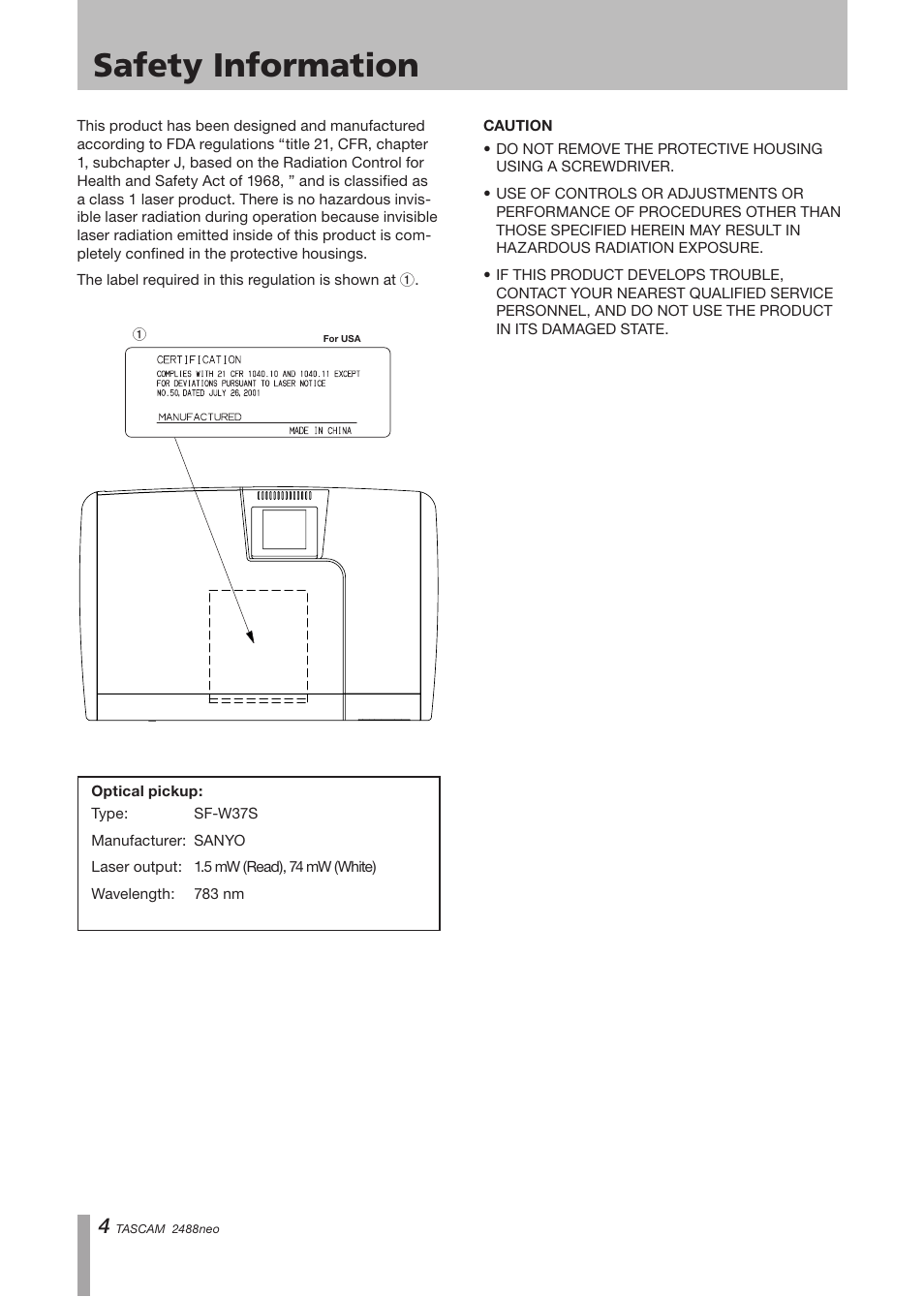 Safety information | Tascam 2488neo User Manual | Page 4 / 124