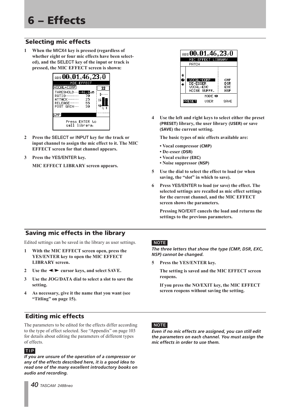 Selecting mic effects, Editing mic effects, 6 − effects | Saving mic effects in the library | Tascam 2488neo User Manual | Page 40 / 124