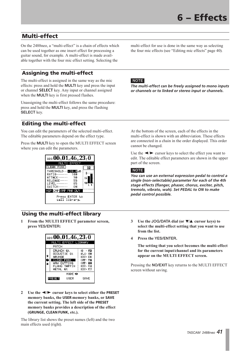 Multi-effect, Assigning the multi-effect, Editing the multi-effect | Using the multi-effect library, 6 − effects | Tascam 2488neo User Manual | Page 41 / 124