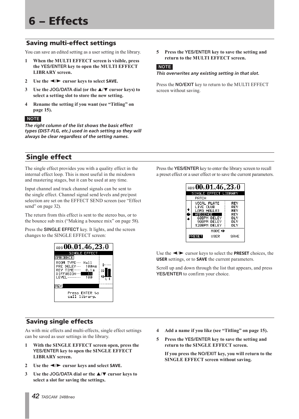 Saving multi-effect settings, Single effect, Saving single effects | 6 − effects | Tascam 2488neo User Manual | Page 42 / 124