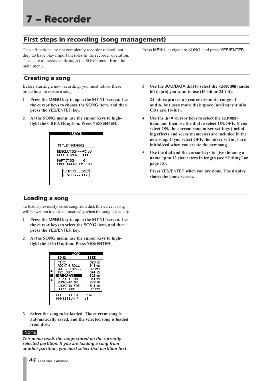 7 − recorder, First steps in recording (song management), Creating a song | Loading a song, First steps in recording (song manage, Ment), Creating a song loading a song | Tascam 2488neo User Manual | Page 44 / 124