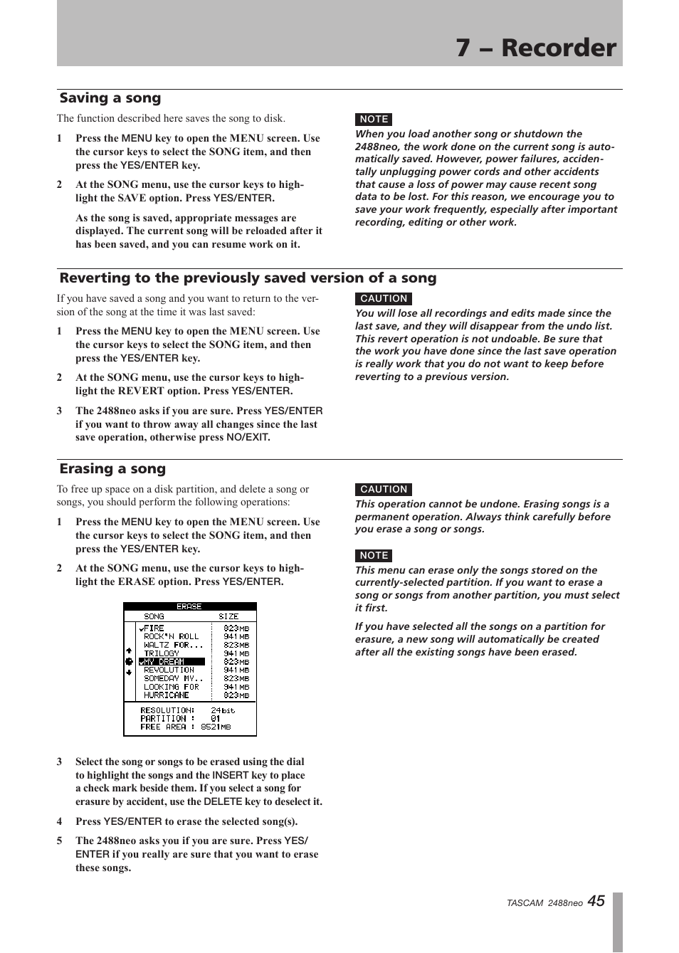 Saving a song, Erasing a song, Saving a song reverting to the previously saved | Version of a song erasing a song, 7 − recorder | Tascam 2488neo User Manual | Page 45 / 124