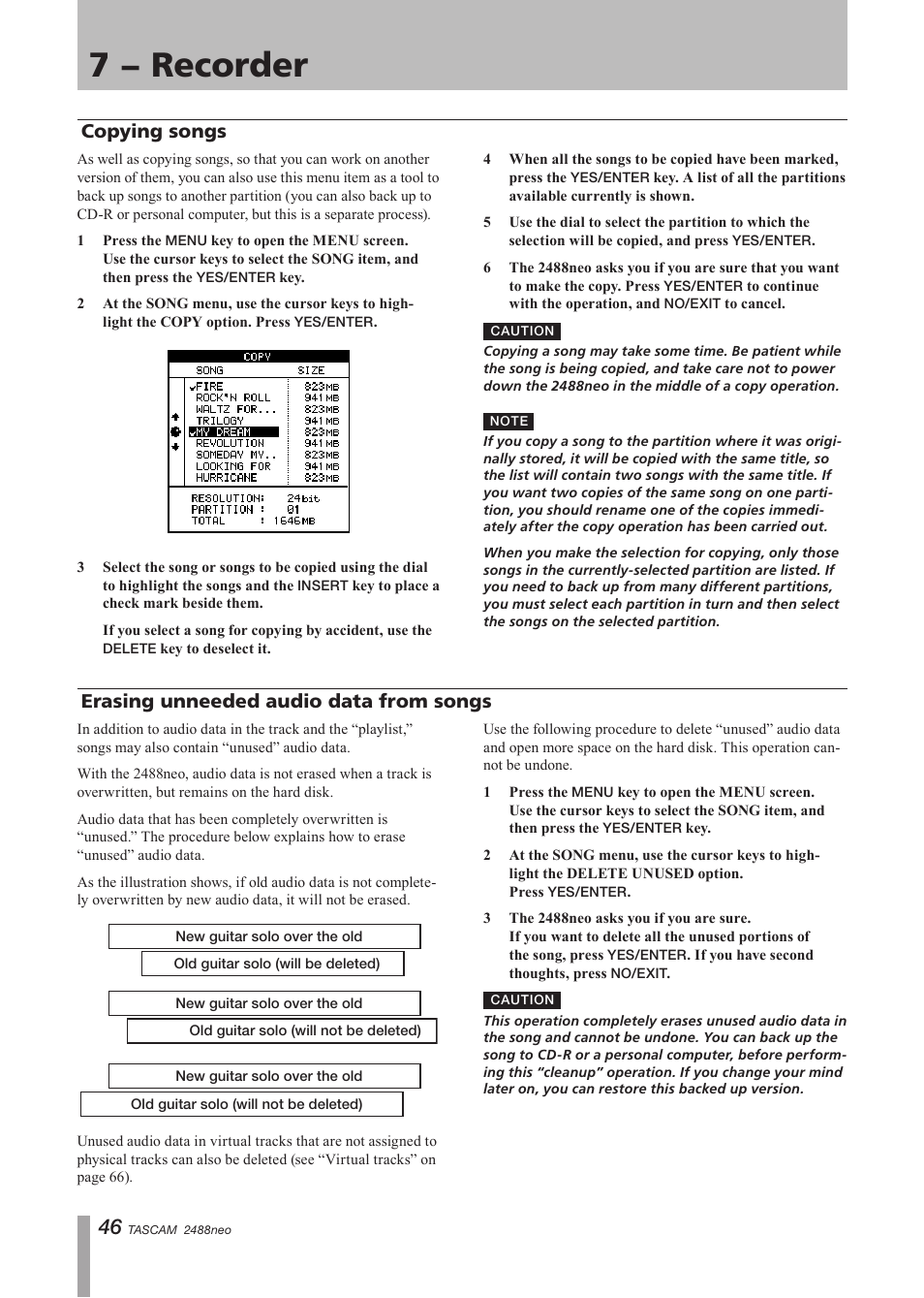 Copying songs, Erasing unneeded audio data from songs, 7 − recorder | Tascam 2488neo User Manual | Page 46 / 124