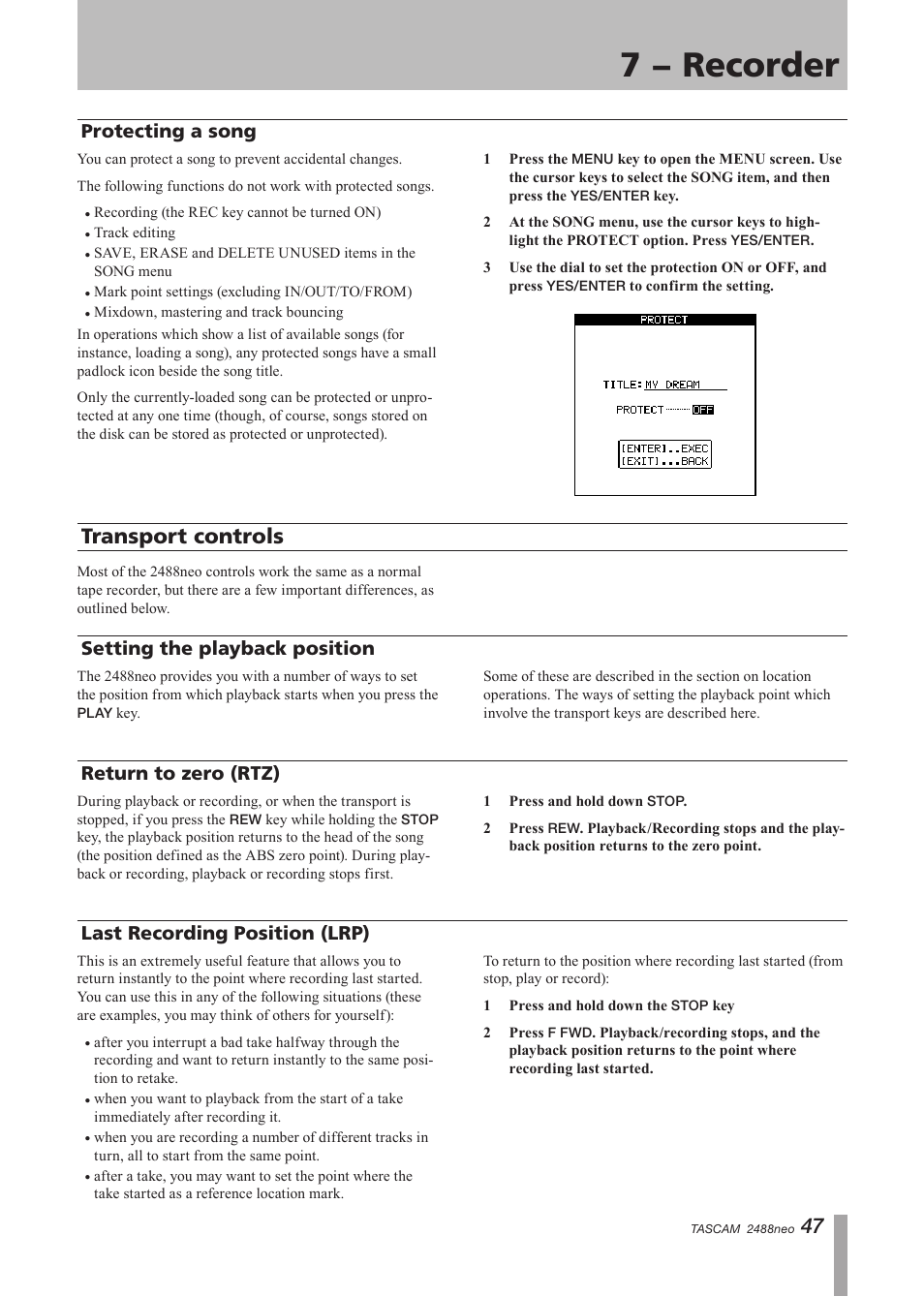 Protecting a song, Transport controls, Setting the playback position | Return to zero (rtz), Last recording position (lrp), 7 − recorder | Tascam 2488neo User Manual | Page 47 / 124