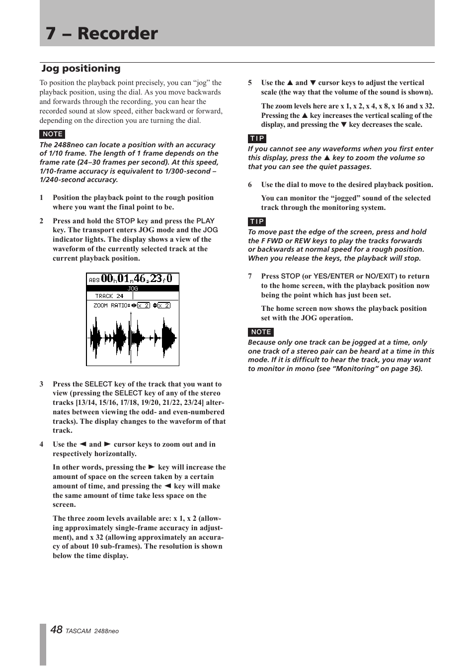 Jog positioning, 7 − recorder | Tascam 2488neo User Manual | Page 48 / 124