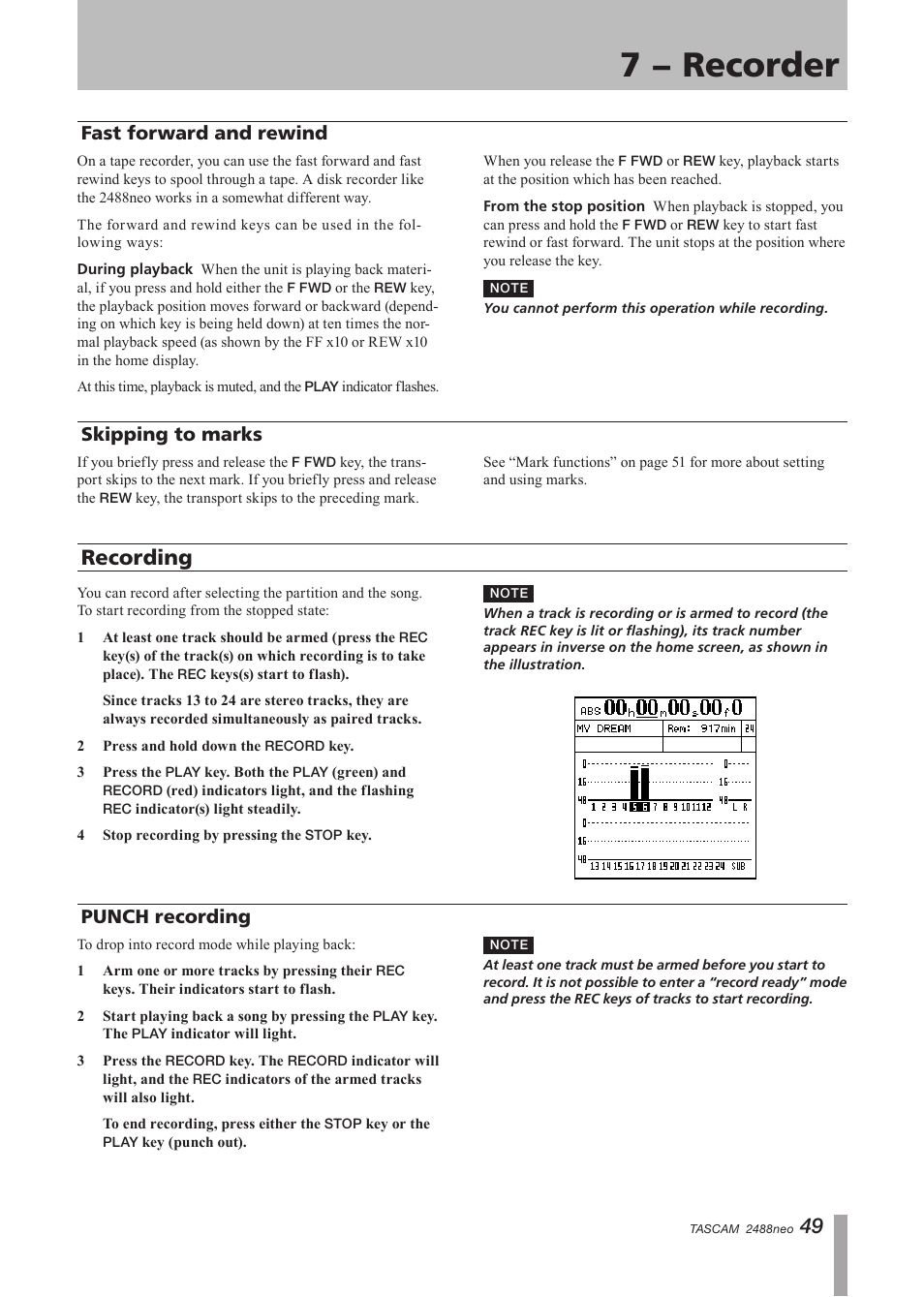 Fast forward and rewind, Skipping to marks, Recording | Punch recording, Fast forward and rewind skipping to marks, 7 − recorder | Tascam 2488neo User Manual | Page 49 / 124