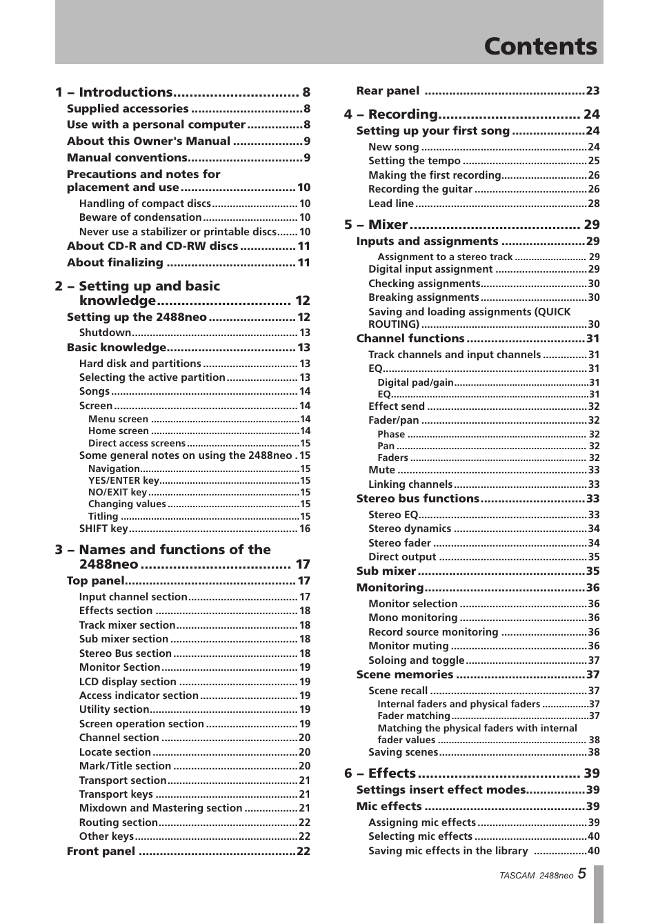 Tascam 2488neo User Manual | Page 5 / 124