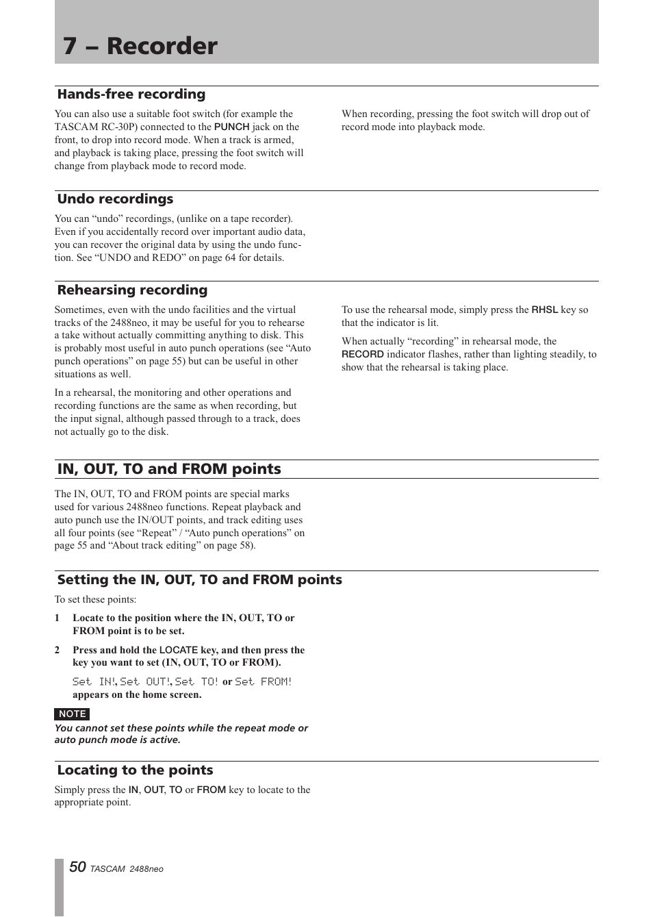 Hands-free recording, Undo recordings, Rehearsing recording | In, out, to and from points, Setting the in, out, to and from points, Locating to the points, 7 − recorder | Tascam 2488neo User Manual | Page 50 / 124