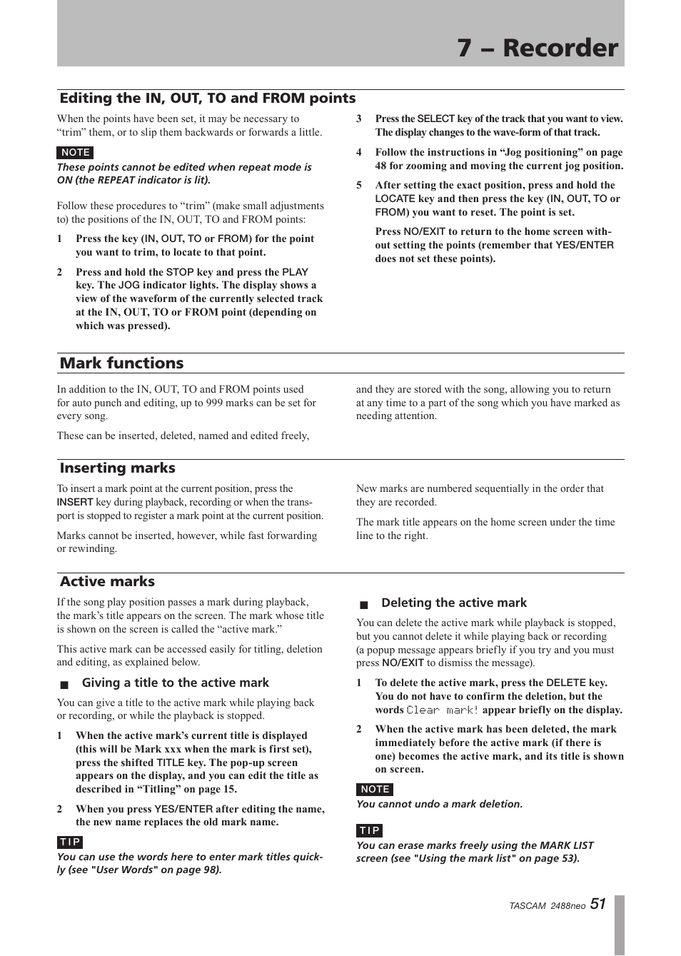 Editing the in, out, to and from points, Mark functions, Inserting marks | Active marks, Giving a title to the active mark, Deleting the active mark, Inserting marks active marks, 7 − recorder | Tascam 2488neo User Manual | Page 51 / 124