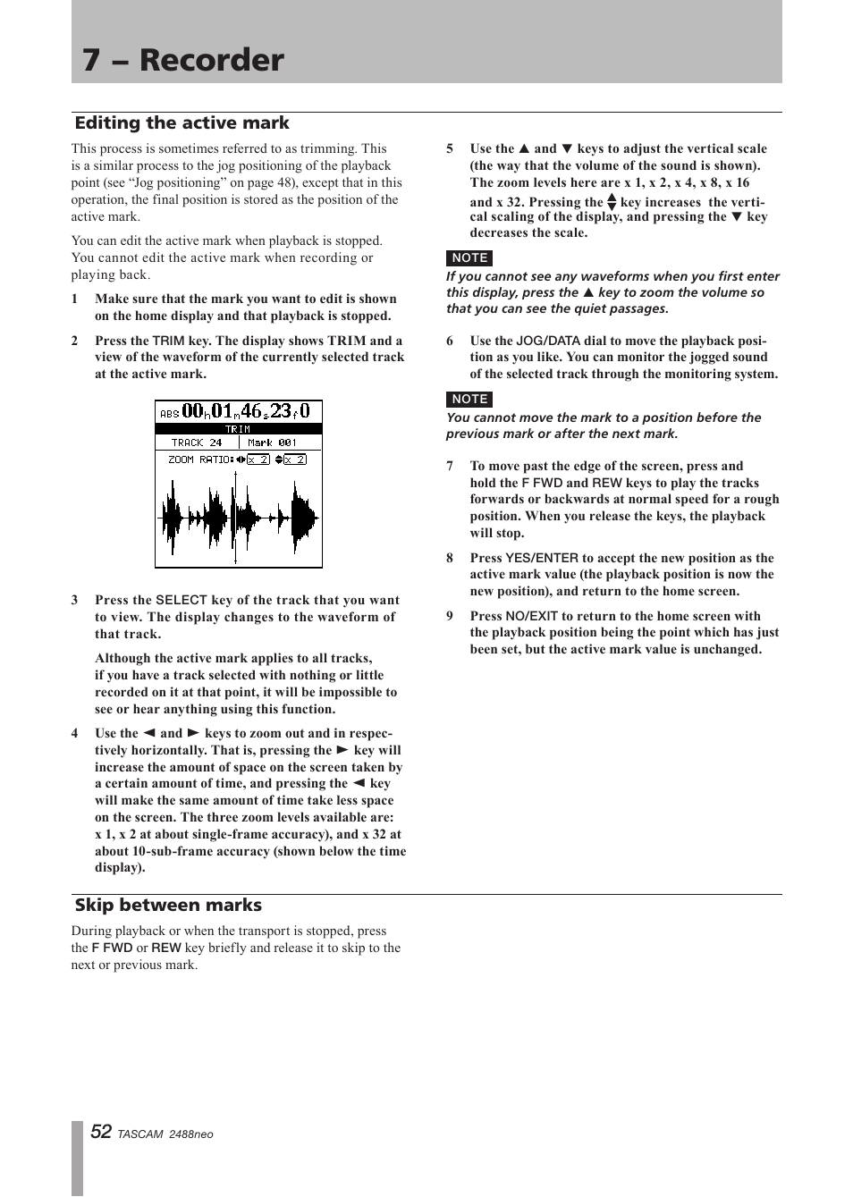 Editing the active mark, Skip between marks, Editing the active mark skip between marks | 7 − recorder | Tascam 2488neo User Manual | Page 52 / 124