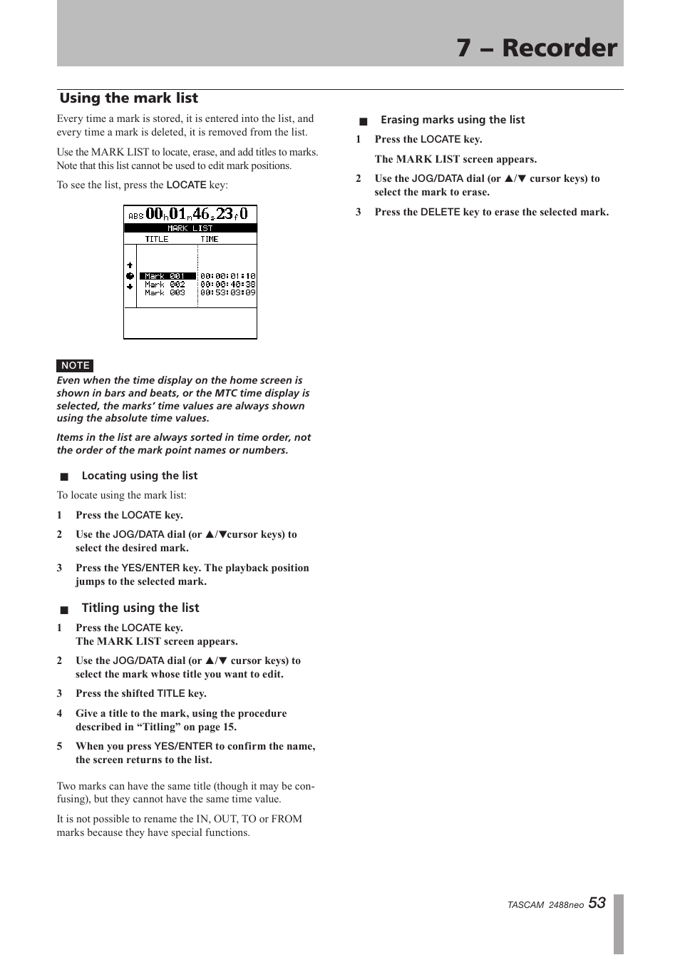 Using the mark list, Locating using the list, Titling using the list | Erasing marks using the list, 7 − recorder | Tascam 2488neo User Manual | Page 53 / 124