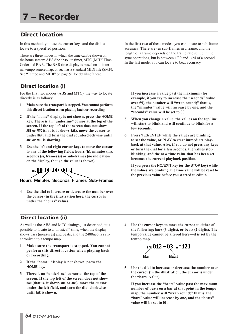 Direct location, Direct location (i), Direct location (ii) | Direct location (i) direct location (ii), 7 − recorder | Tascam 2488neo User Manual | Page 54 / 124