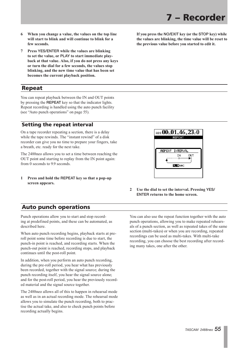 Repeat, Setting the repeat interval, Auto punch operations | 7 − recorder | Tascam 2488neo User Manual | Page 55 / 124