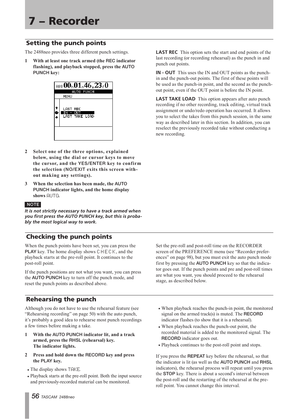 Setting the punch points, Checking the punch points, Rehearsing the punch | 7 − recorder | Tascam 2488neo User Manual | Page 56 / 124