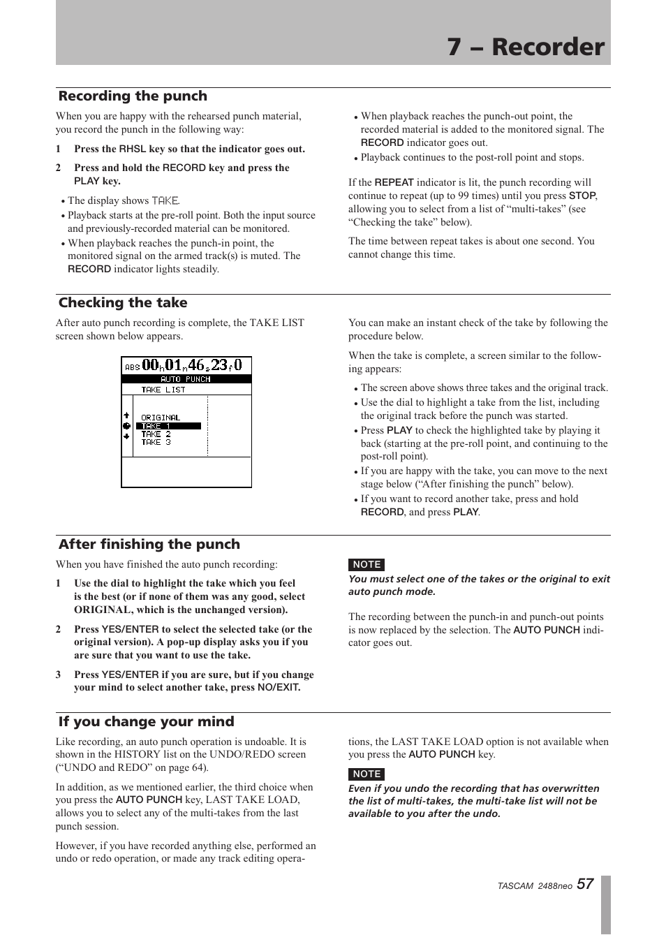 Recording the punch, Checking the take, After finishing the punch | If you change your mind, 7 − recorder, If you change your mind after finishing the punch | Tascam 2488neo User Manual | Page 57 / 124