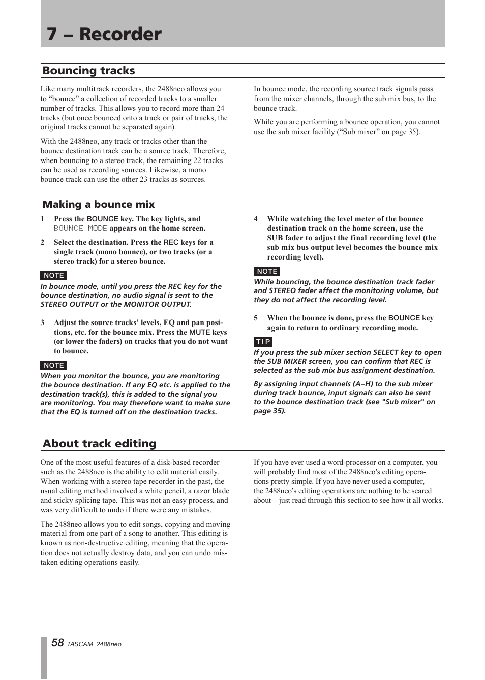 Bouncing tracks, Making a bounce mix, About track editing | 7 − recorder | Tascam 2488neo User Manual | Page 58 / 124