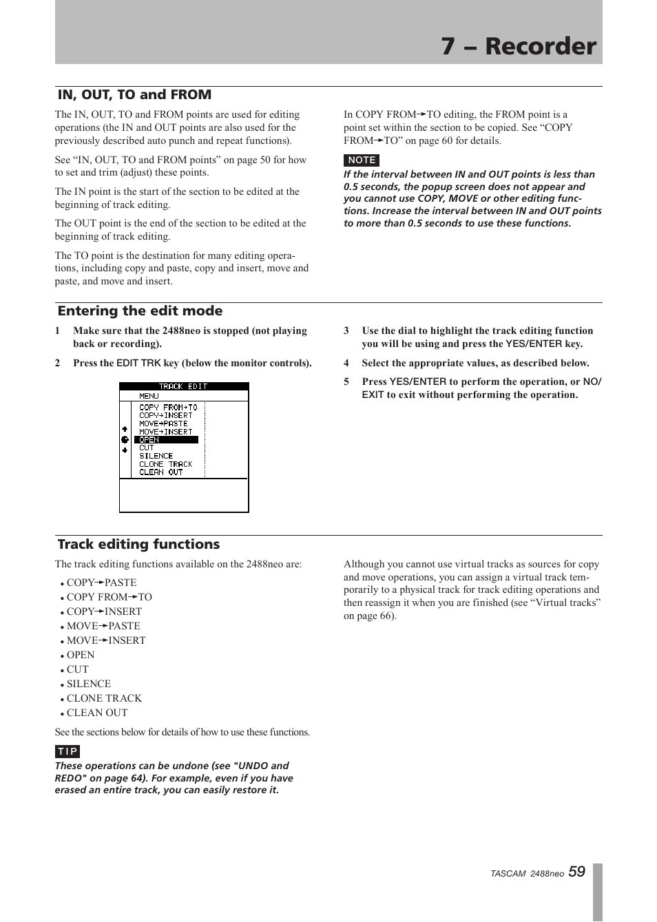 In, out, to and from, Entering the edit mode, Track editing functions | 7 − recorder, Track editing functions entering the edit mode | Tascam 2488neo User Manual | Page 59 / 124