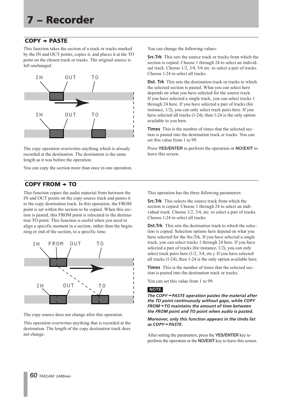 Copy paste, Copy from to, Copy | Paste, Copy from, E “copy from, 7 − recorder | Tascam 2488neo User Manual | Page 60 / 124