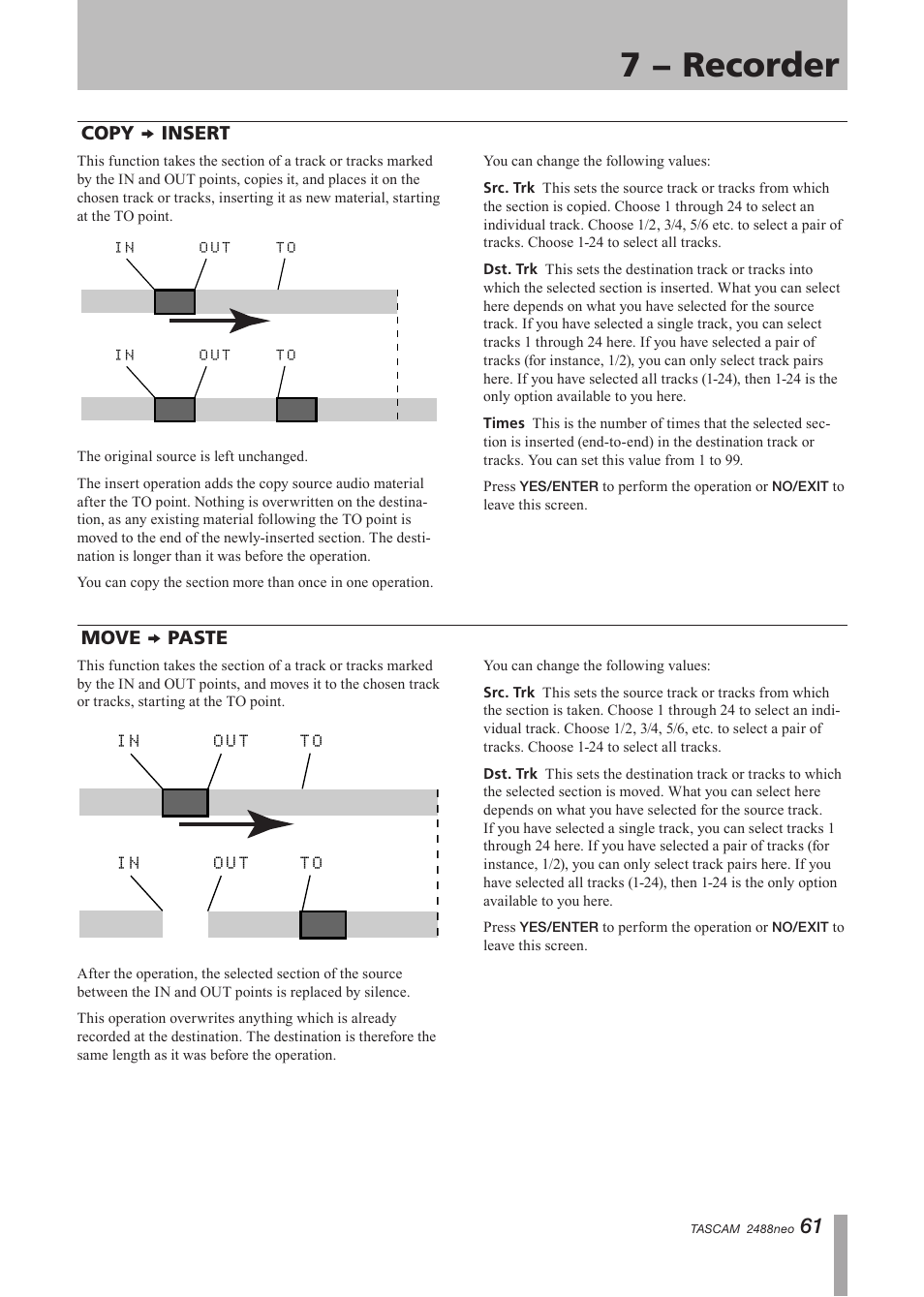 Copy insert, Move paste, Copy | Insert, Move, Paste, 7 − recorder | Tascam 2488neo User Manual | Page 61 / 124