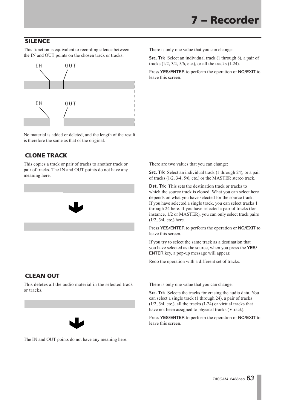 Silence, Clone track, Clean out | Silence clone track clean out, 7 − recorder, Clean out clone track | Tascam 2488neo User Manual | Page 63 / 124