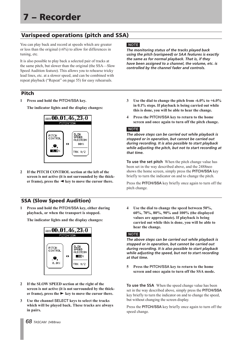 Varispeed operations (pitch and ssa), Pitch, Ssa (slow speed audition) | Pitch ssa (slow speed audition), 7 − recorder | Tascam 2488neo User Manual | Page 68 / 124