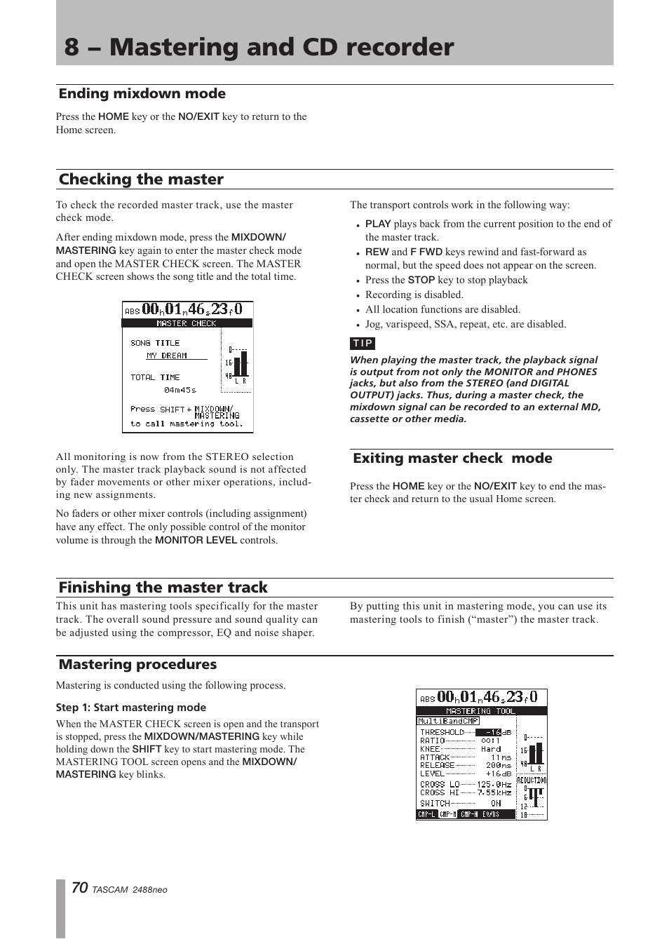 Checking the master, Exiting master check mode, Ending mixdown mode | Finishing the master track, Mastering procedures, 8 − mastering and cd recorder | Tascam 2488neo User Manual | Page 70 / 124