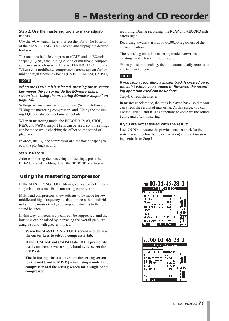 Using the mastering compressor, 8 − mastering and cd recorder | Tascam 2488neo User Manual | Page 71 / 124