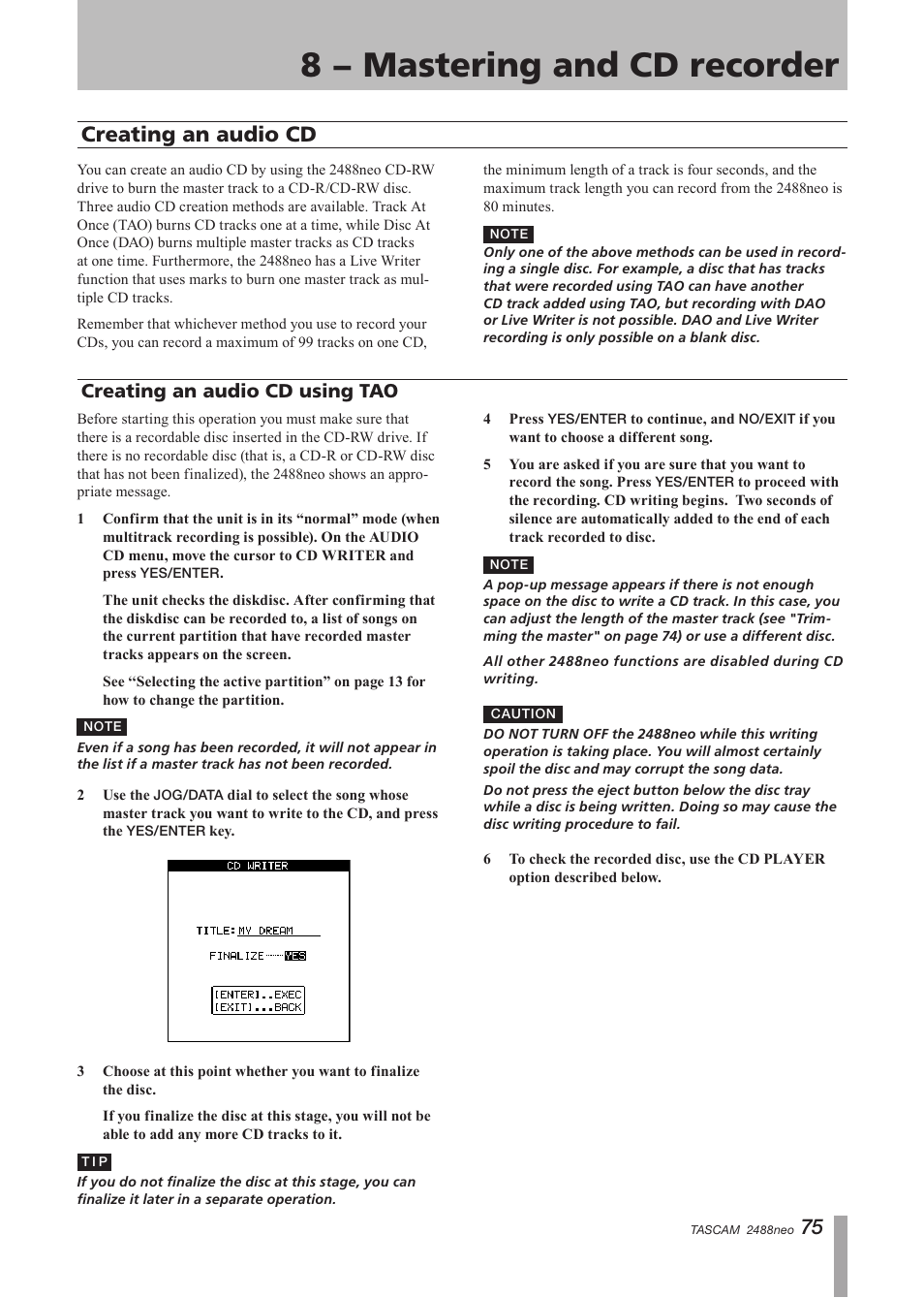 Creating an audio cd, Creating an audio cd using tao, 8 − mastering and cd recorder | Tascam 2488neo User Manual | Page 75 / 124