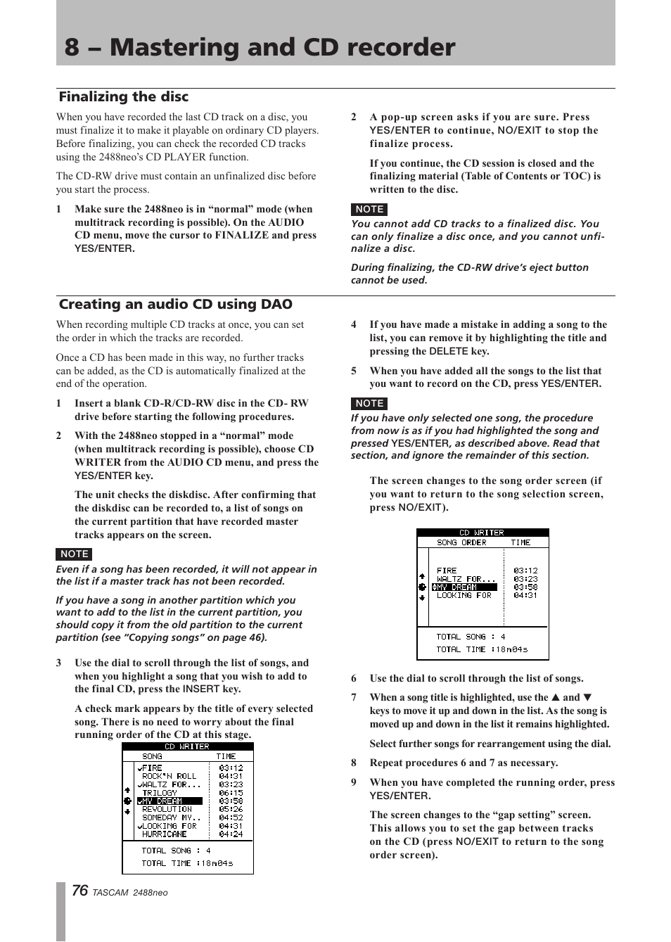 Finalizing the disc, Creating an audio cd using dao, Finalizing the disc creating an audio cd using dao | 8 − mastering and cd recorder, Creating an audio cd using dao finalizing the disc | Tascam 2488neo User Manual | Page 76 / 124