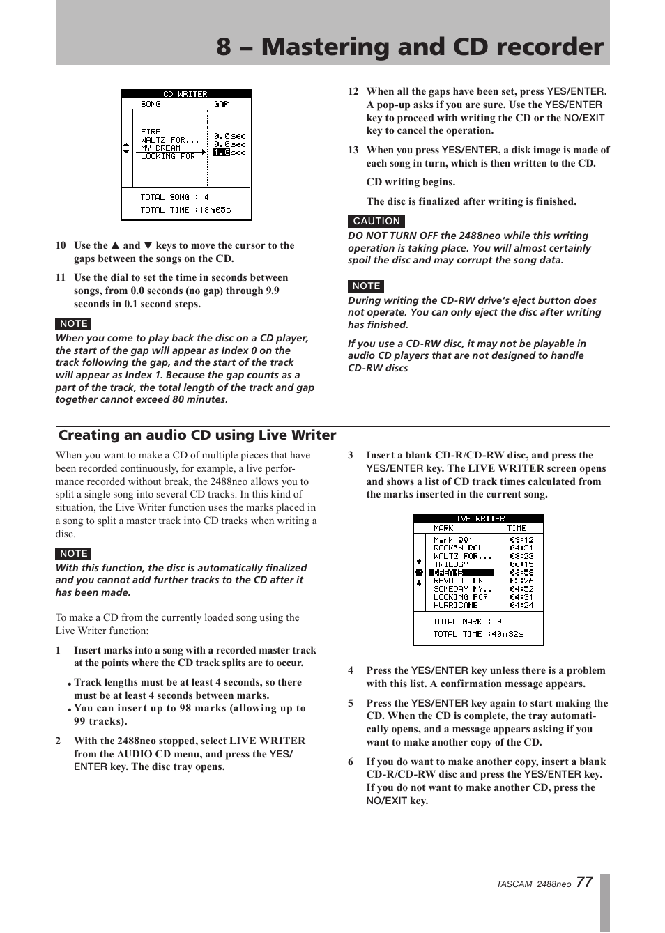 Creating an audio cd using live writer, 8 − mastering and cd recorder | Tascam 2488neo User Manual | Page 77 / 124