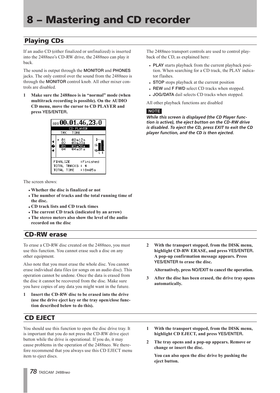 Playing cds, Cd-rw erase, Cd eject | Cd-rw erase cd eject, 8 − mastering and cd recorder | Tascam 2488neo User Manual | Page 78 / 124