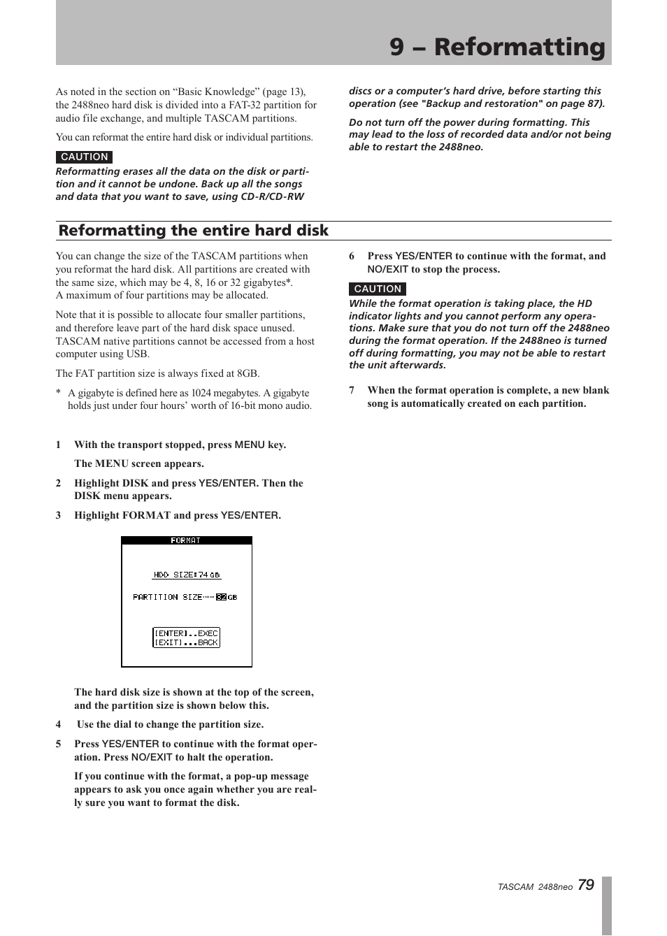 9 − reformatting, Reformatting the entire hard disk | Tascam 2488neo User Manual | Page 79 / 124