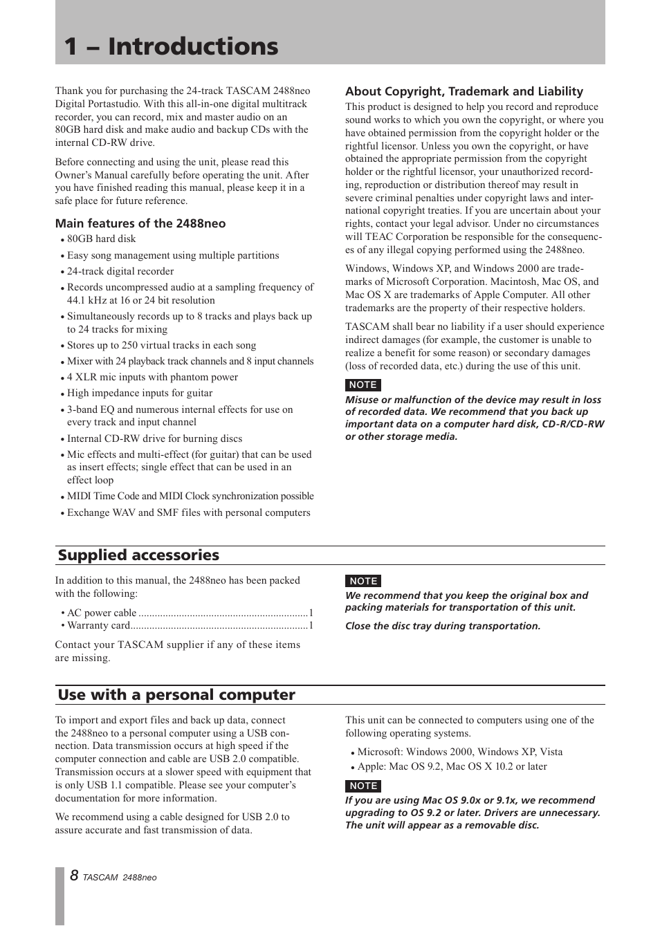 1 − introductions, Supplied accessories, Use with a personal computer | Supplied accessories use with a personal computer | Tascam 2488neo User Manual | Page 8 / 124