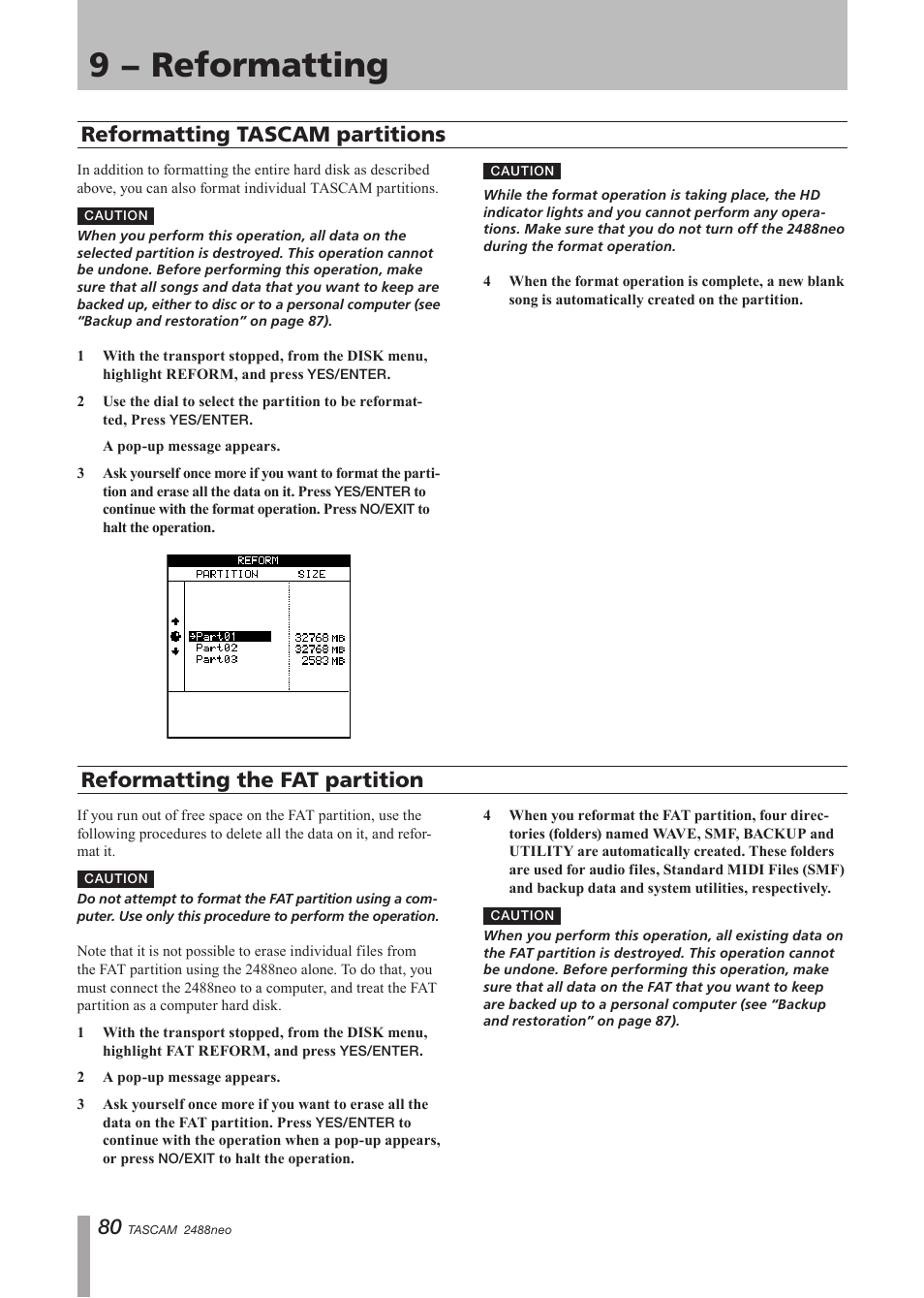 Reformatting tascam partitions, Reformatting the fat partition, 9 − reformatting | Tascam 2488neo User Manual | Page 80 / 124