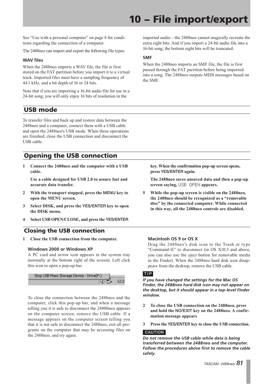 10 − file import/export, Usb mode, Opening the usb connection | Closing the usb connection, Usb mode opening the usb connection | Tascam 2488neo User Manual | Page 81 / 124