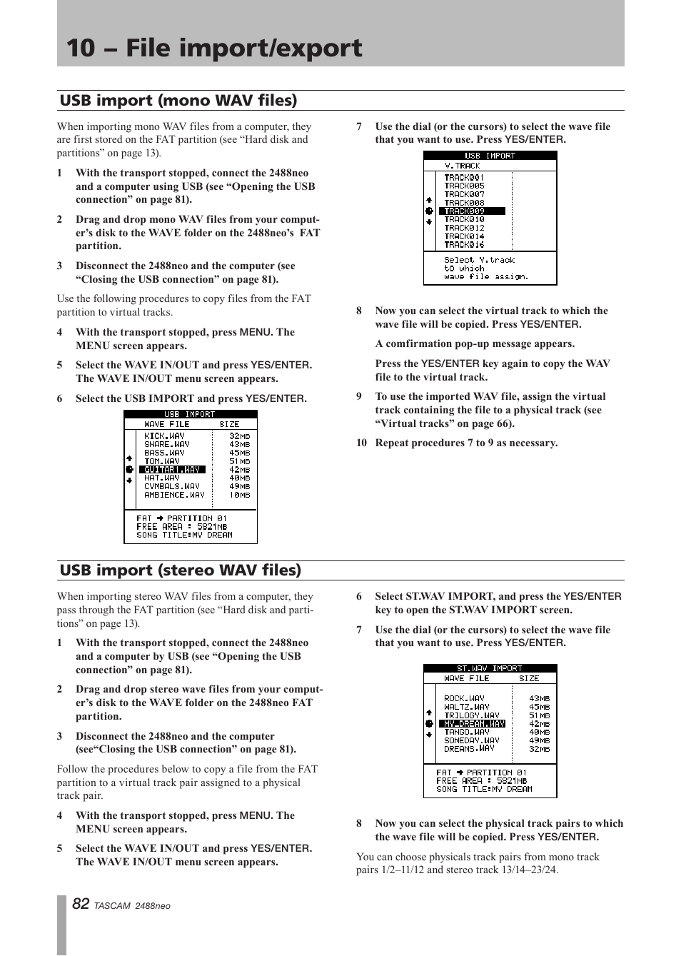 Usb import (mono wav files), Usb import (stereo wav files), 10 − file import/export | Tascam 2488neo User Manual | Page 82 / 124