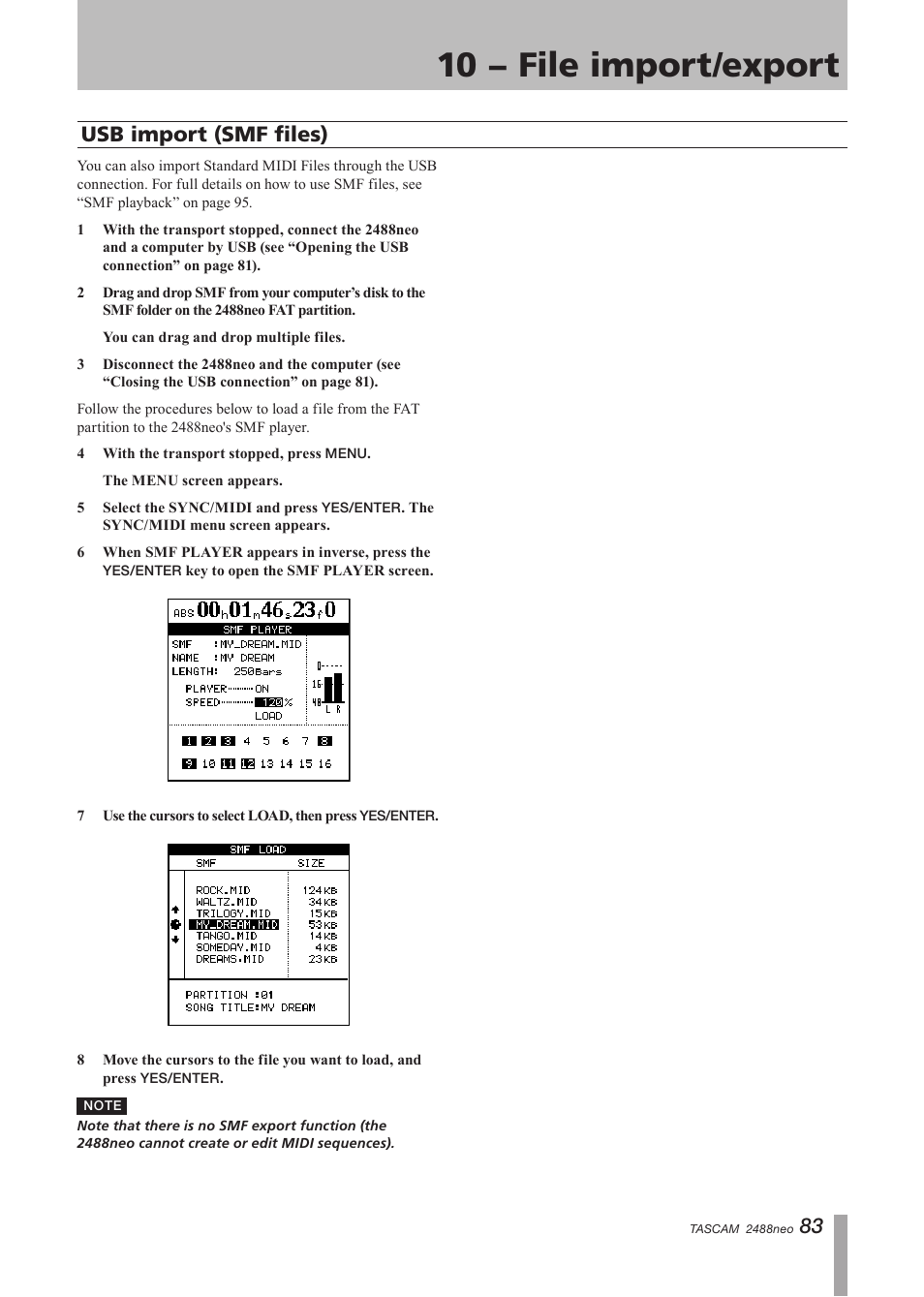 Usb import (smf files), 10 − file import/export | Tascam 2488neo User Manual | Page 83 / 124