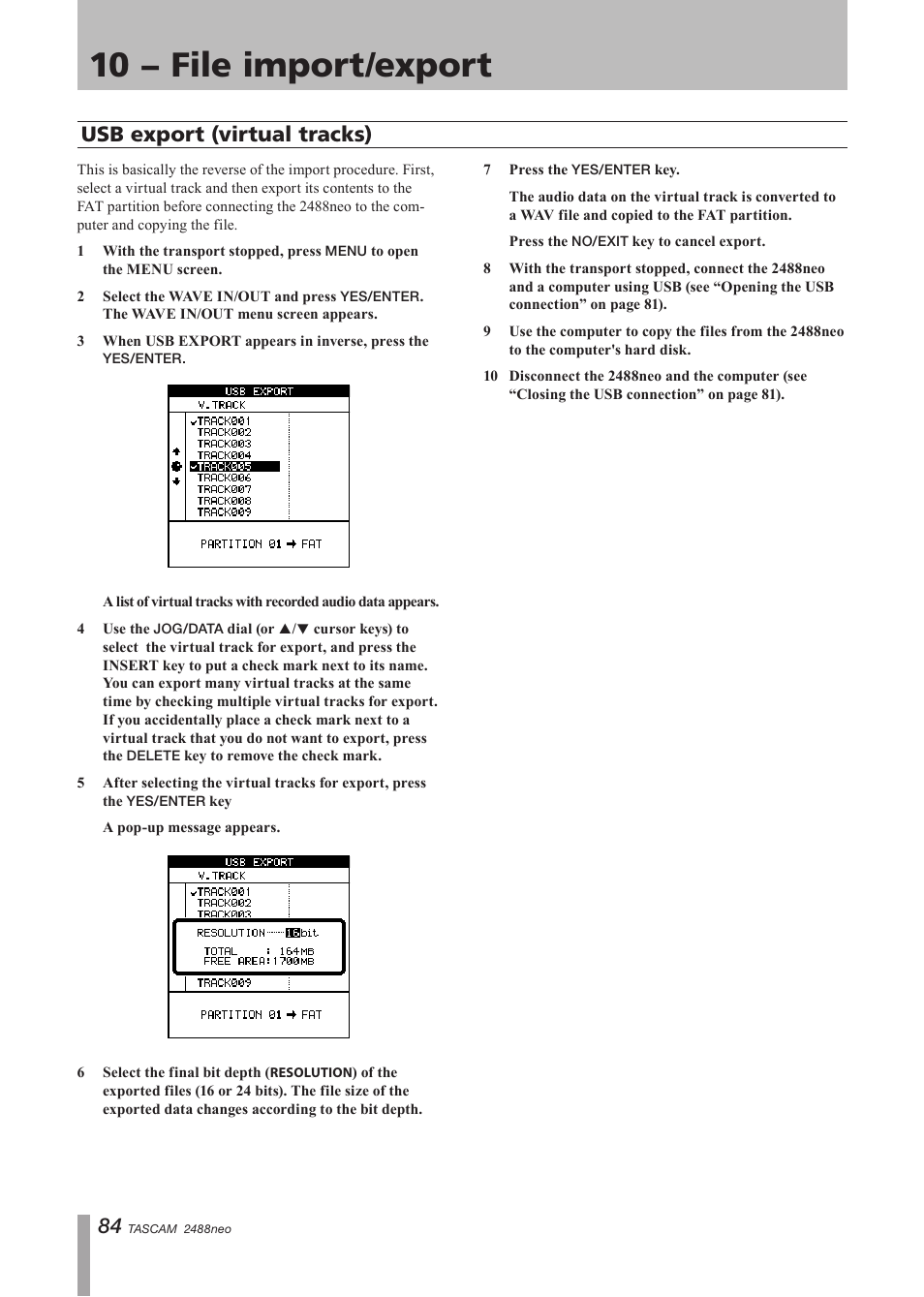 Usb export (virtual tracks), 10 − file import/export | Tascam 2488neo User Manual | Page 84 / 124