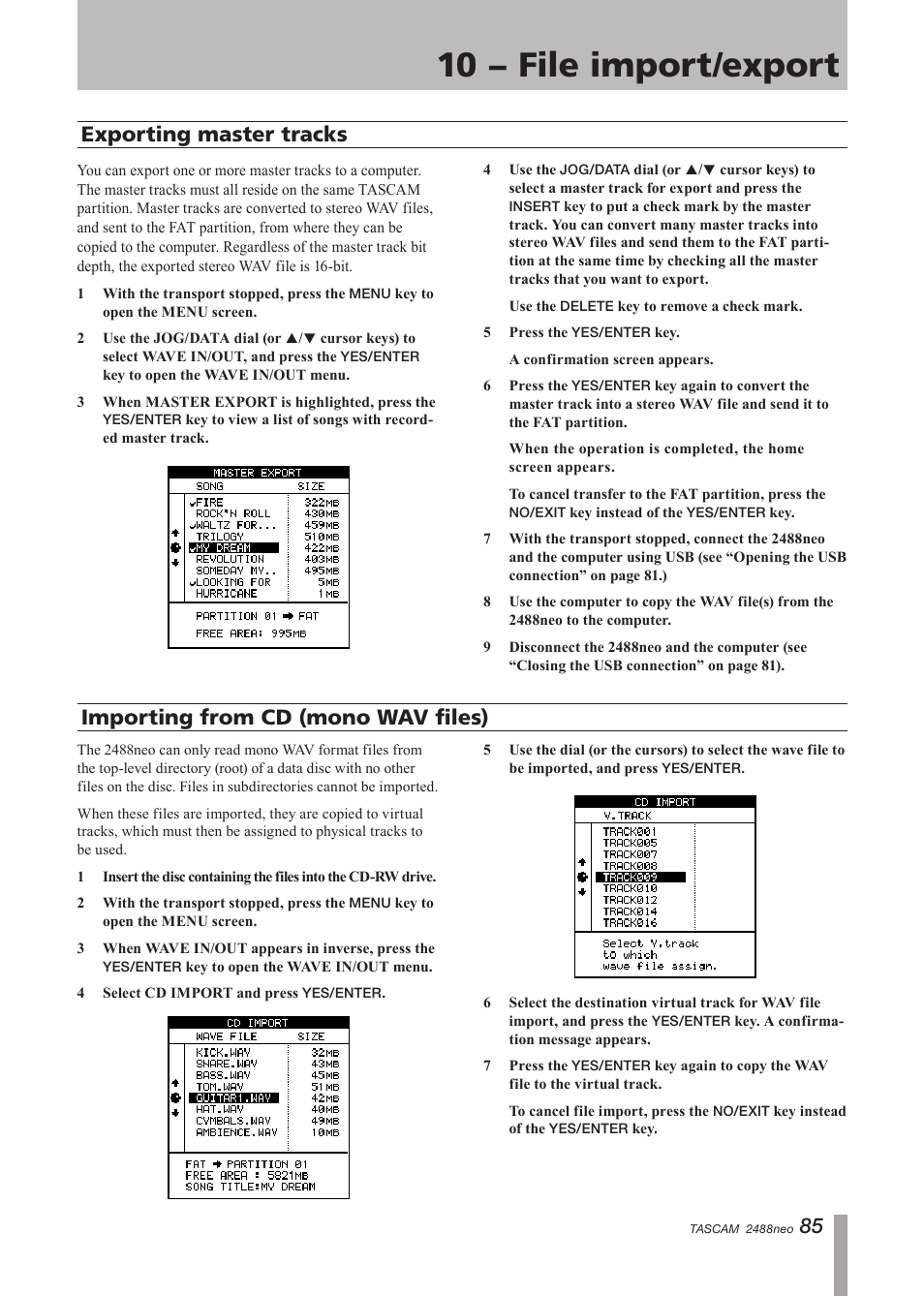 Exporting master tracks, Importing from cd (mono wav files), 10 − file import/export | Tascam 2488neo User Manual | Page 85 / 124