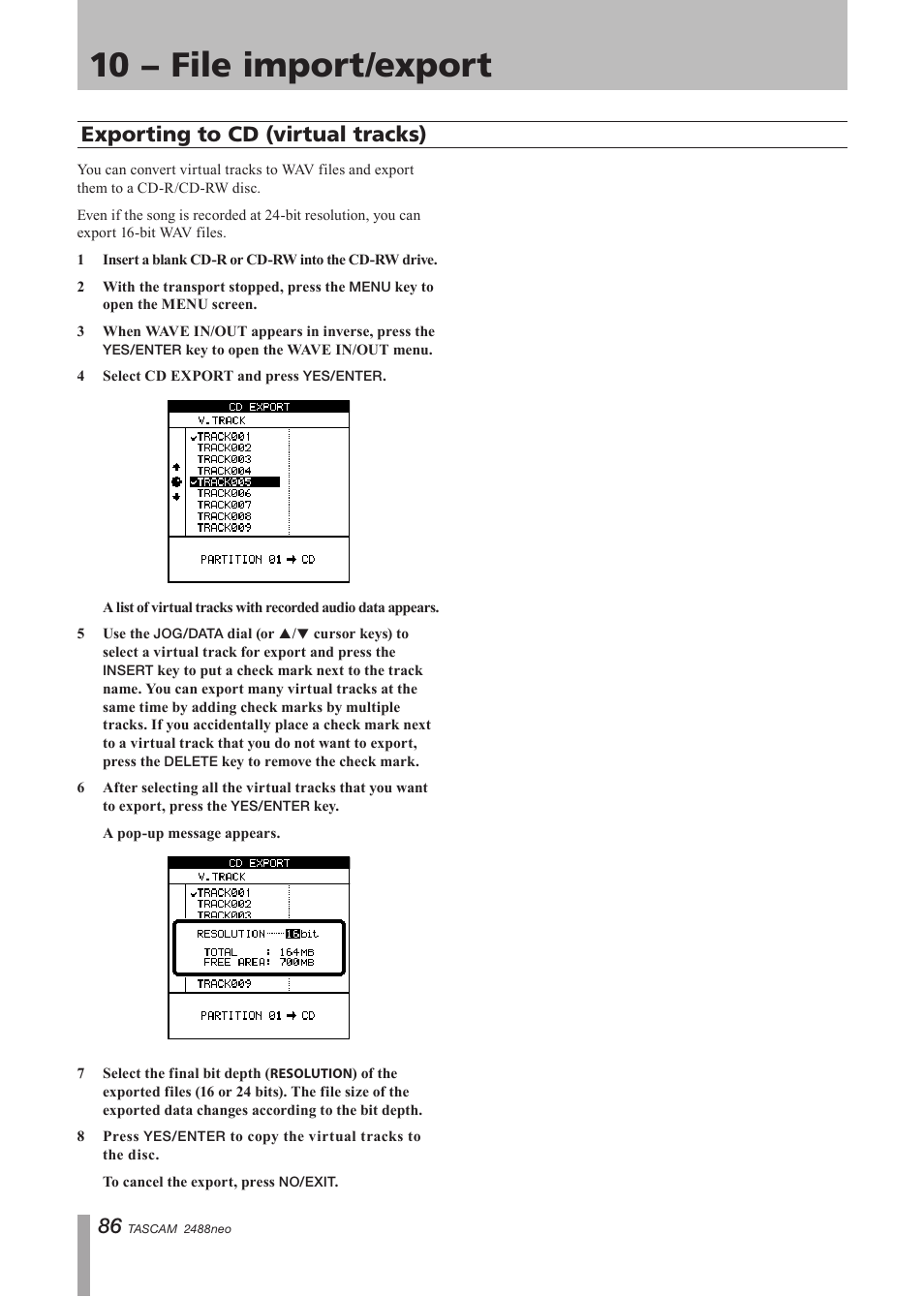 Exporting to cd (virtual tracks), 10 − file import/export | Tascam 2488neo User Manual | Page 86 / 124