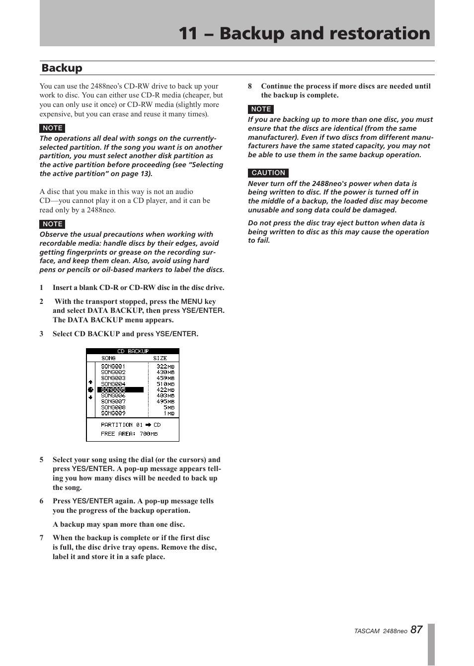 11 − backup and restoration, Backup | Tascam 2488neo User Manual | Page 87 / 124