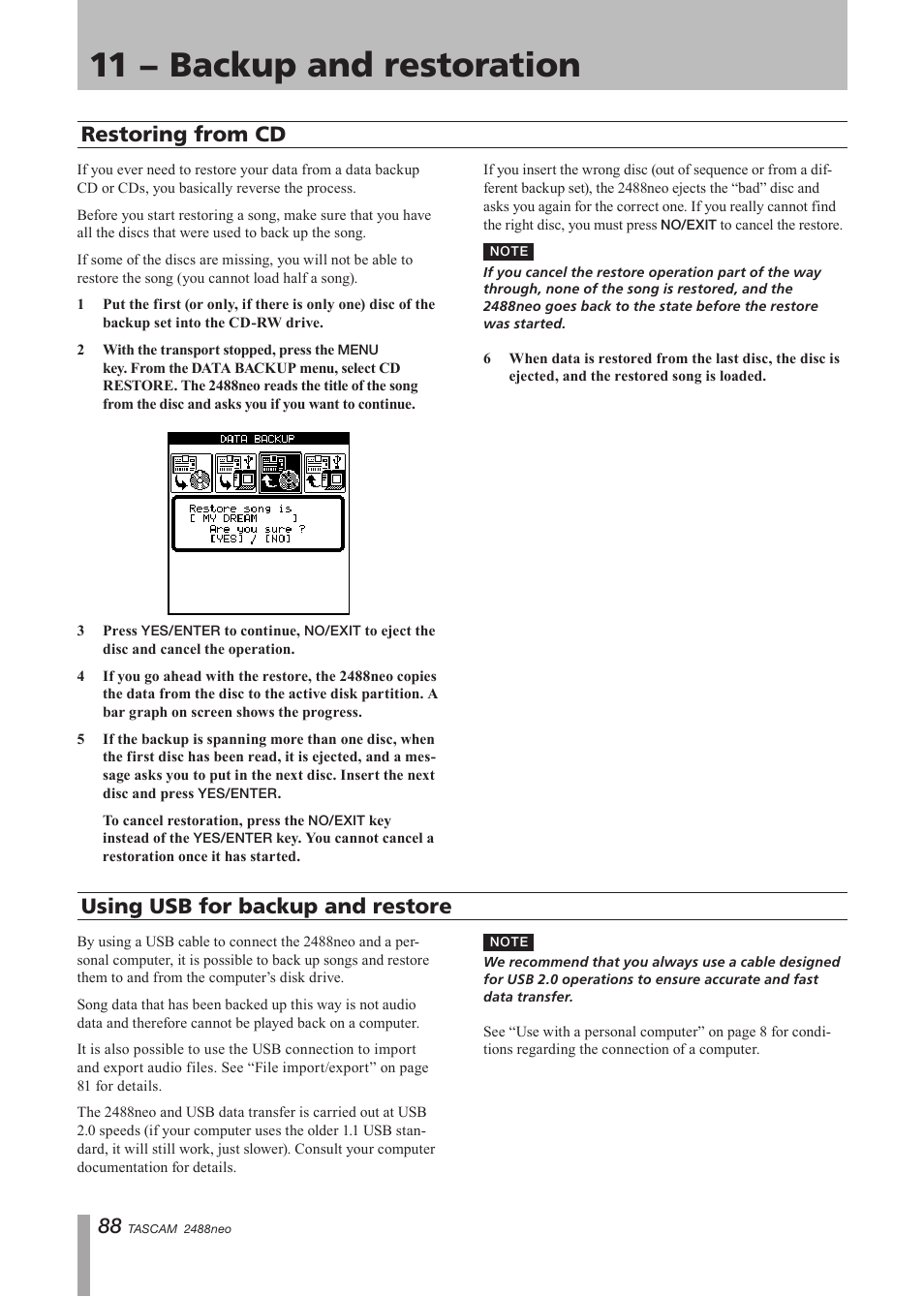 Restoring from cd, Using usb for backup and restore, Restoring from cd using usb for backup and restore | 11 − backup and restoration, Using usb for backup and restore restoring from cd | Tascam 2488neo User Manual | Page 88 / 124