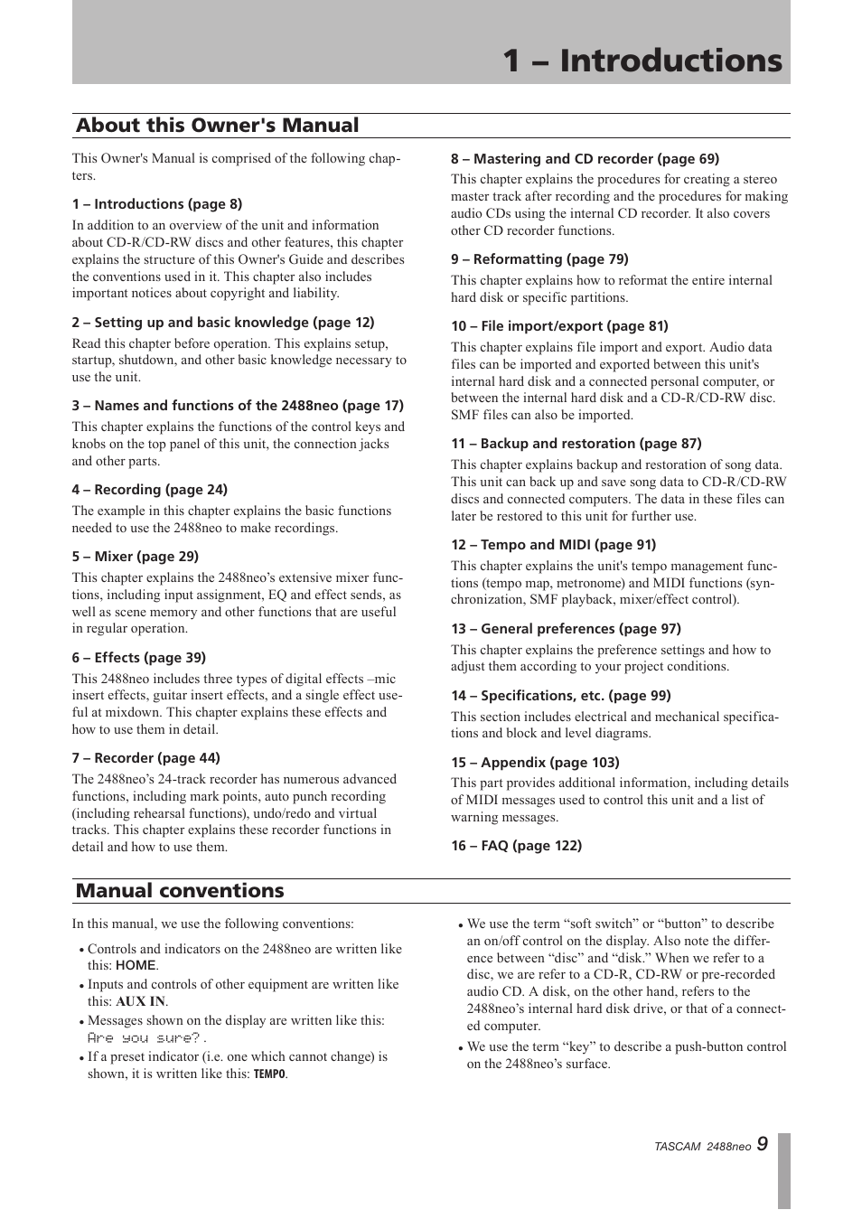 About this user's guide, Manual conventions, About this owner's manual manual conventions | 1 − introductions | Tascam 2488neo User Manual | Page 9 / 124