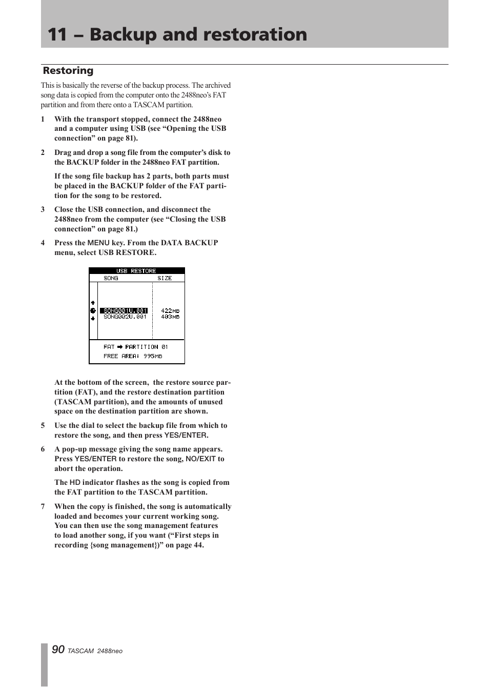 Restoring, 11 − backup and restoration | Tascam 2488neo User Manual | Page 90 / 124